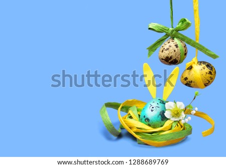 Cute bunny egg in nest for funny Easter card