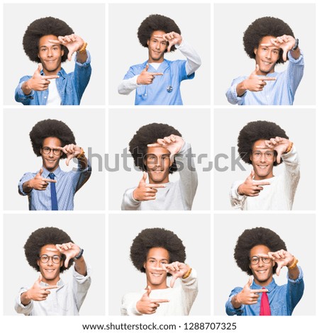 Collage of young man with afro hair over white isolated background smiling making frame with hands and fingers with happy face. Creativity and photography concept.
