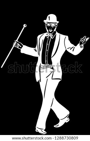 black and white vector sketch of a male magician in a tuxedo wearing a bowler hat dancing
