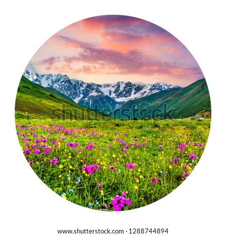 Round icon of nature with landscape. Fabulous summer sunrise in the Caucasus mountains, main Caucasus ridge, Ushguli village location, Upper Svaneti, Georgia. Photography in a circle. 
