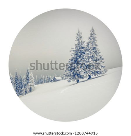 Round icon of nature with landscape. Retro style winter view of Carpathian mountains. Foggy outdoor scene in the mountain valley. Photography in a circle.