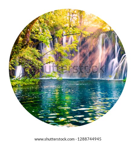 Round icon of nature with landscape. Last sunlights up the pure water waterfall in Plitvice National Park. Colorful summer scene of Croatia, Europe. Photography in a circle.