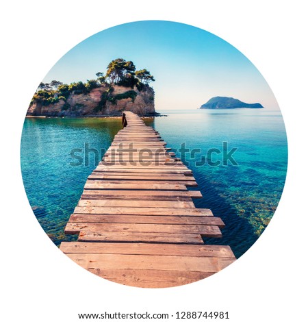 Round icon of nature with landscape. Bright spring view of Cameo Island. Picturesque morning scene of Port Sostis, Zakinthos island, Greece, Europe. Photography in a circle.