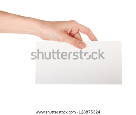 Female hand holding a blank business card, studio isolated