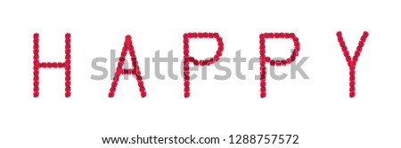 Fine art still life color image of the word happy constructed from floral/flower letter/characters made of rose blossom macros on white background