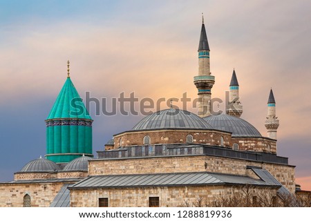 Skyline of Konya with the green dome of the Mausoleum of Mevlana Rumi and Selimiye Mosque, Konya, Turkey. Royalty-Free Stock Photo #1288819936