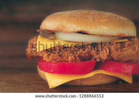 Homemade hamburger or sandwich on brown paper. Delicious sandwich hamburger with meat or pork ham cheese and fresh vegetable. Hamburger or sandwich is the popular fast food for brunch or lunch. Cheese