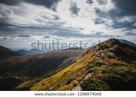 Ukrainian mountains in autumn. Carpathian Mountain park in Western Ukraine. Beautiful landscape of Carpathians 
