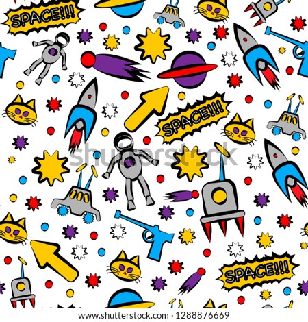 Seamless pattern on the theme of space and galaxy. Rocket, astronaut, comet, lunar rover, stars, planets, satellite antenna and space alien cat