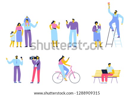 People of different ages and occupations. Male and female characters vector set. Worker, camera man, business woman, young girl on bicycle, guy with laptop. Flat vector characters isolated on white.	