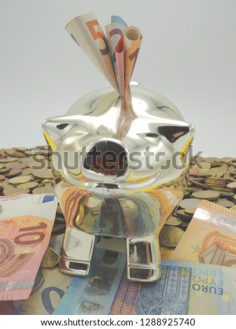 Piggy bank with bank notes and coins. Money concept.