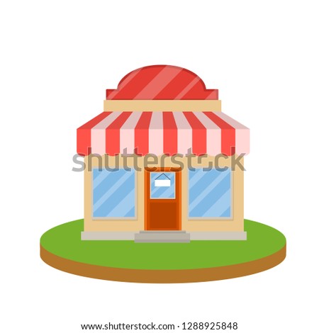 Shop for sale and purchase of goods. Grocery with a window and a door. Commercial building. A symbol of small business. Urban landscape. Cartoon flat illustration