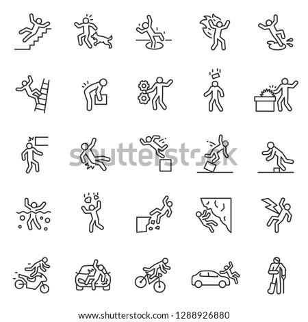 Accident, icon set. Falls, blows, car accidents, work injury, etc. People pictogram. linear icons. Line with editable stroke Royalty-Free Stock Photo #1288926880