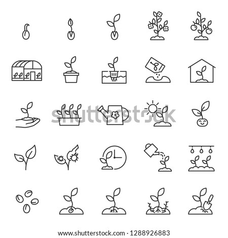 Growing plants. Sprout in the ground. Farming and gardening, icon set. Sprout care, linear icons. Plant in the ground, greenhouse and hydroponic systems. Line with editable stroke Royalty-Free Stock Photo #1288926883