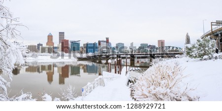 Snowy Landscape of Portland Oregon USA by Waterfront