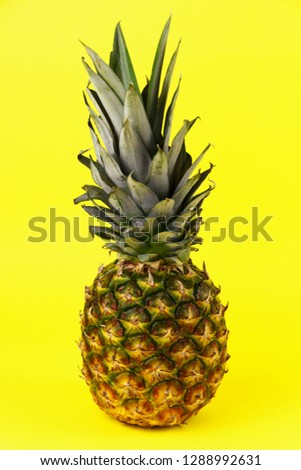Ripe fresh whole pineapple on a yellow background. Minimalism. Bright picture. Place for text. Concept