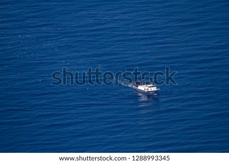 Aerial view, of a fishing boat, Mallorca, Balearic island, Spain.