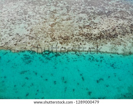 Aerial view of shades of blue and coral reefs over the Moorea lagoon in French Polynesia, South Pacific