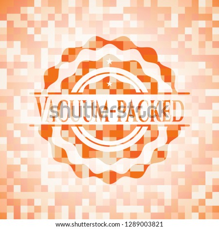 Vacuum-packed abstract emblem, orange mosaic background