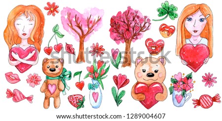 Watercolor set of elements for Valentine's day. Hand painted girls, bears and decor. Perfect for design of wedding invitations, greeting cards, postcards, invitations, children's books.
