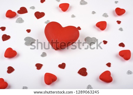 Big red heart on white background with silver and red heart. Valentines Day