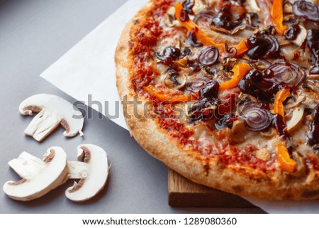 Pizza composition close up on wooden table with gray background. 
