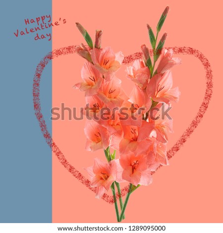 Happy Valentine's day card with heart and bouquet of salmon pink gladioluses 