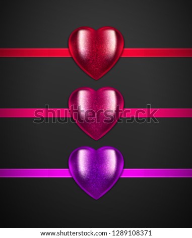 Vector heart with sparkles on ribbon. Realistic objects for decoration, covering, shiny and glossy hearts for design associated with love, romance, medicine.