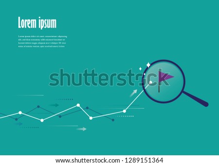 Business and finance concept. Connected dot and line leading to the goal with magnifying glass. Path to the goal background for banner, poster, flyer, website or advertising. Vector illustration.
