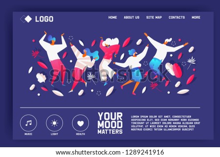 Your mood matters. Landing page with dancing people in bright gradients on blue color. Greenery and dots design template for music service or psychologist online website Royalty-Free Stock Photo #1289241916