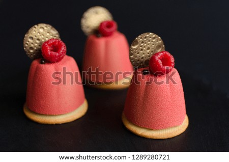 Set of chocolate mini cakes covered with pink velvet spray, decorated with chocolate elements and fresh raspberry on black background