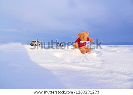 Lovely teddy bear sitting on ice with nature background.Frozen Baikal in Olkhon island, Russia. Concept about happiness on holidays.Butiful landscape in winter season.Dream destination for travellers.