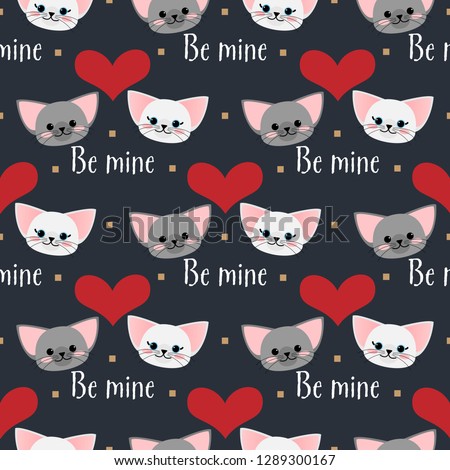 Valentine's Day seamless pattern of couple cute cats with red heart and Be mine text on black color background. Vector illustration.