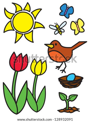 Things commonly associated with spring drawn in a cartoon style.