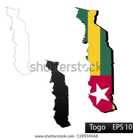 Maps of Togo, 3 dimensional with flag clipped inside borders,and shadow, and black and white contours of country shape, vector