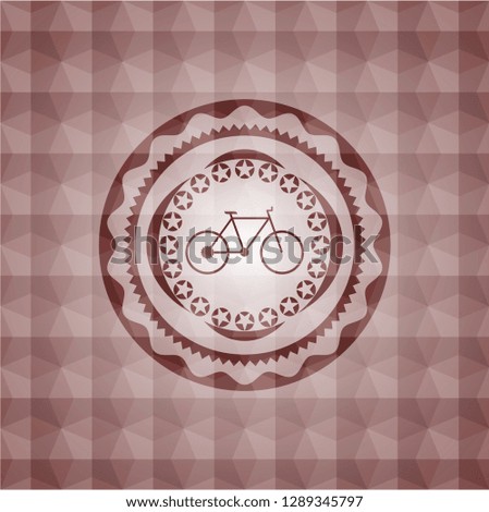 bike icon inside red seamless emblem with geometric background.