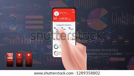 Mobile dashboard on smartphone screen displaying statistics with data and charts. Banking App UI Kit 