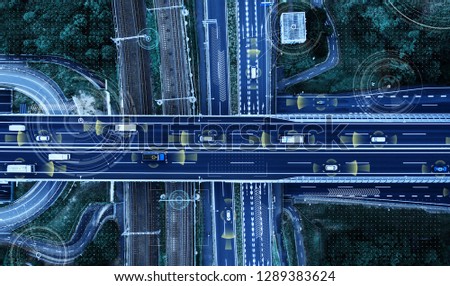 Automotive technology concept. ITS (Intelligent Transport Systems). ADAS (Advanced Driver Assistance System). Royalty-Free Stock Photo #1289383624