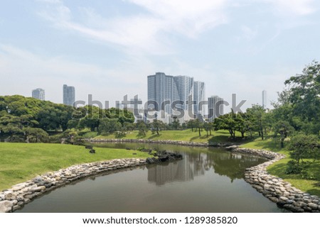 View of Tokyo skyline from Kyu Shiba Rikyu Garden, Japan