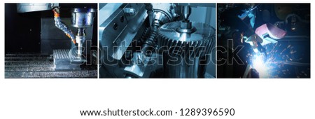 engine gear , drilling machine and welding man with industrial blue tone  background