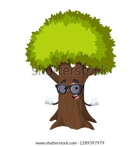 cartoon tree with green foliage character mascot in black sunglasses on a white background