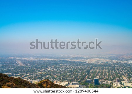 Aerial view of the Los Angeles town from the Hollywood hills. Beautiful landscape of California.
