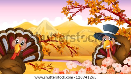 Illustration of two turkeys in autumn view