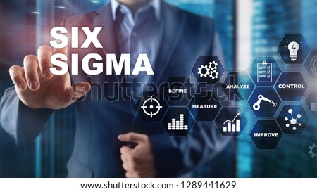 Six Sigma, manufacturing, quality control and industrial process improving concept. Business, internet and tehcnology. Royalty-Free Stock Photo #1289441629
