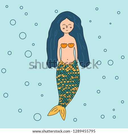 Cute cartoon mermaid with bluehair. Vector illustration