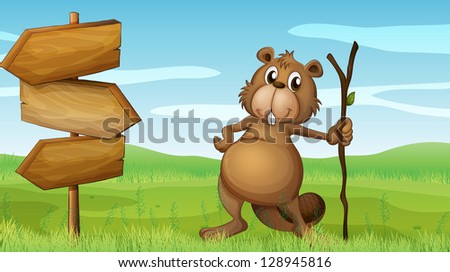 Illustration of a beaver holding a wood beside a wooden signboard