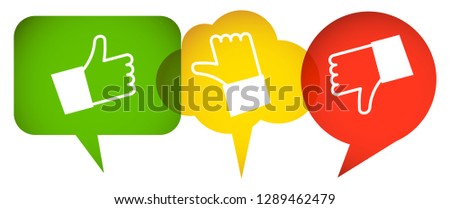 green, red and yellow speech bubbles with thumbs up and down