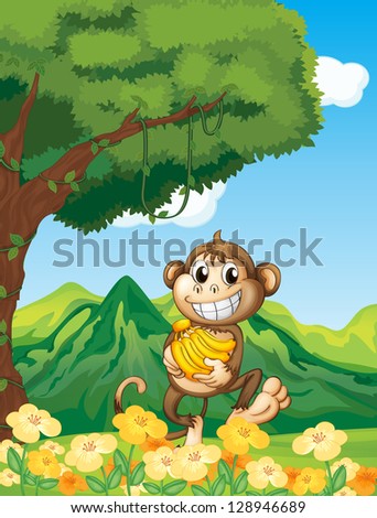 Illustration of a monkey holding a banana in the forest