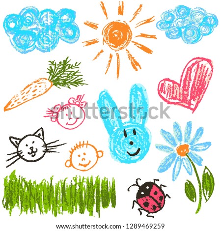 Children's drawing with colored wax crayons. Clouds, sun, hare, carrot, girl, boy cat flower heart grass ladybug Royalty-Free Stock Photo #1289469259