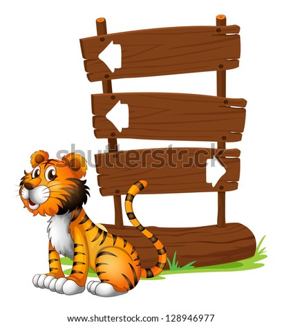 Illustration of a tiger beside a wooden signboard on a white background